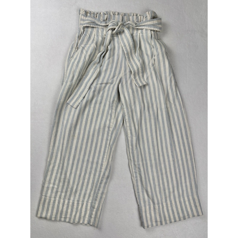 Madewell Women's Striped Linen Blend Paperbag Crop Pants XS Blue White